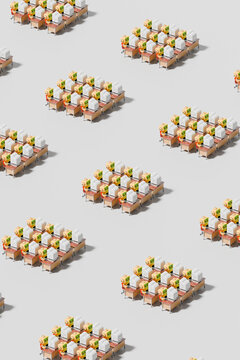 3d robots working on computers in a repetitive office pattern