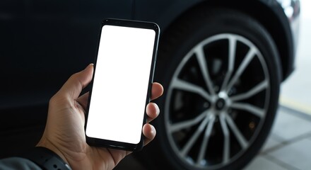 Hand holding phone near car wheel