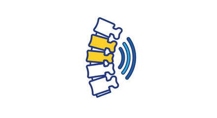 Isolated spinal column icon with spine vertebrae and blue treatment waves in blue color