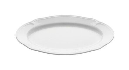 Isolated oval porcelain serving platter with curved edge rim. Empty tableware dish
