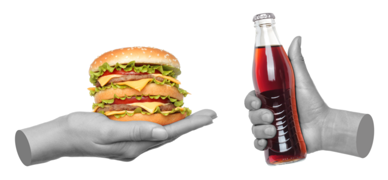 Set of gray hands contemporary art style holding burger and cola bottle isolated on transparent background