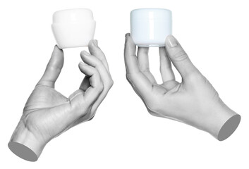 Set of gray hand contemporary art style holding white cosmetic cream jar isolated on transparent background