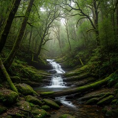 Obraz premium Cascading Waterfall Through Lush Green Forest Landscape.
