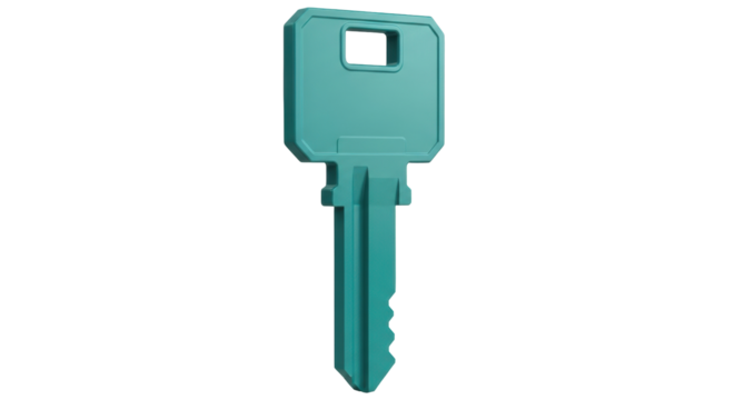 Isolated Teal Key with Handle Perforation for Security or Property Access, Generic Lock