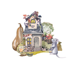 season kids illustration card with cute mouse house, watercolor on paper