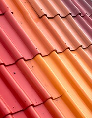 Angled, colorful roof shingles, displaying vibrant hues