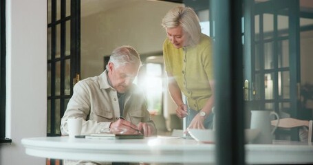 Old couple, paperwork and signature with documents in home for finance savings, budget and policy review. Senior woman, mature man and deal for bills, assets and information for retirement planning - Powered by Adobe