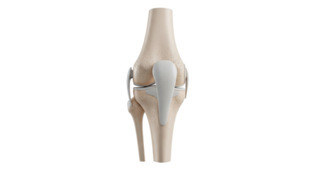 Isolated view of a human knee joint, anatomical illustration showing ligaments and bones