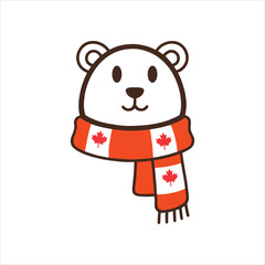 Polar Bear Wearing Scarf with Mini Canada Flags Vector Illustration