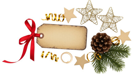 Isolated festive adornment arrangement with ribbon bow, tag, stars and pine cone Christmas set