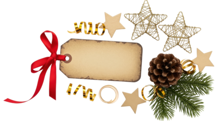 Isolated festive adornment arrangement with ribbon bow, tag, stars and pine cone Christmas set