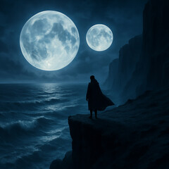 Solitary Figure on Cliff Edge Watching Turbulent Sea Under Double Moonlight