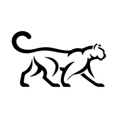 Illustration of a panther or cougar in a walking stance isolated on white background. Design element for emblem, sign, poster, badge. Vector illustration