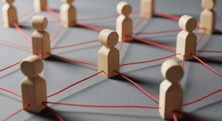 Teamwork concept shows interconnected wooden figures symbolizing connections and collaboration for success