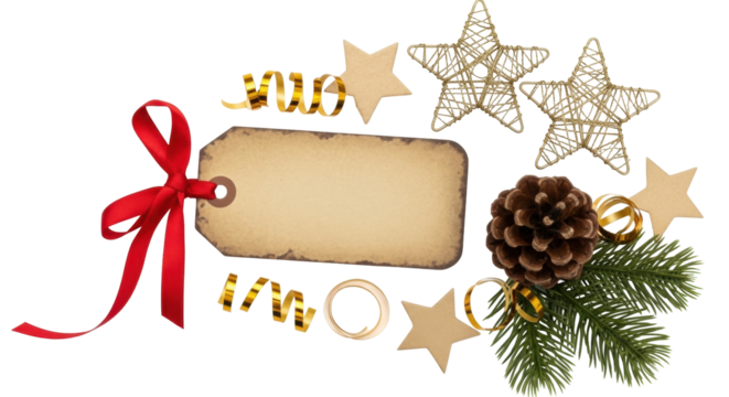 Isolated festive adornment arrangement with ribbon bow, tag, stars and pine cone Christmas set