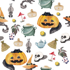 halloween seamless pattern with pumpkins, cats, bats, trick or treat 