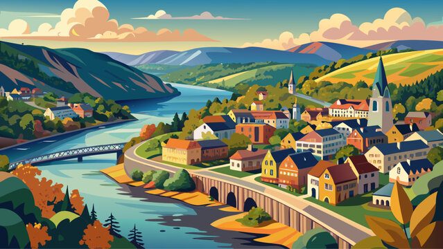 Very beautiful Harpers Ferry, West Virginia, USA, vector-style landscape capturing rivers, hills, and historic town nestled at scenic confluence.