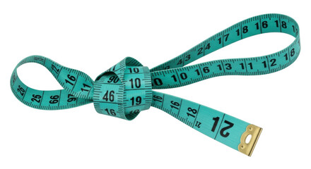 Isolated teal measuring tape looped and tied, inches and centimeters, tailoring and sewing tool