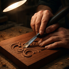 Craftsmans Hands Meticulously Carving Intricate Details on Mahogany Wood
