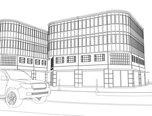 A black and white contour drawing of a building on a street with a car parked in front. The illustration is set against a plain white background.