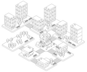 A black and white contour drawing of a town with buildings, trees, and an ice cream shop illustrates urban planning concepts. Isometric view