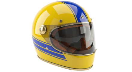 Isolated vintage yellow helmet with blue stripes for motorcycle or race car safety gear