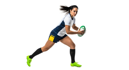 Obraz premium Rugby Action Holding Ball Running Isolated White Background Sports Dynamic View 