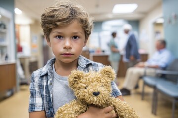 Worried young boy holding teddy bear in a hospital waiting room