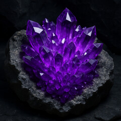 of Dense Cluster of Purple Amethyst Crystals Growing from Rough Geode Cavity