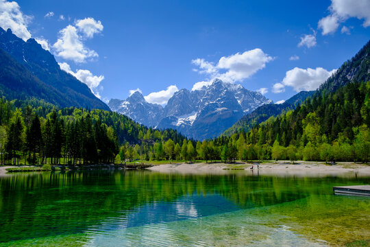Lake Jasna in Triglav National Park with Julian Alps reflection