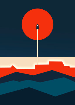 Rocket launching to space in retro geometric Bauhaus style illustration
