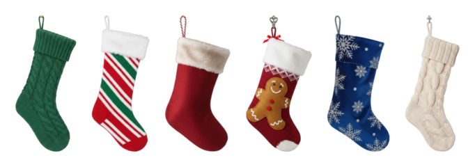 Christmas stocking set including cable knit, striped, plush, and embroidered designs isolated. Festive holiday decor and seasonal celebration.