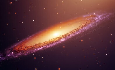 Obraz premium A grainy, blurry film of an orange and purple galaxy with lens flares, the light is reflecting on its surface.