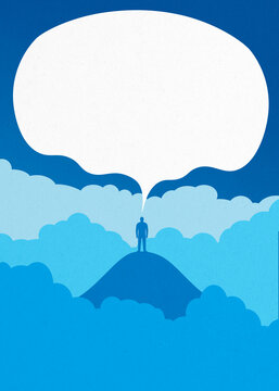 Man standing on mountain top with large speech bubble in sky