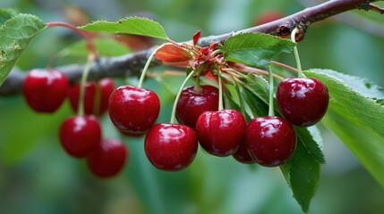 Montmorency Cherry Tree. Red Ripe Cherry Fruit on Green Tree Branch