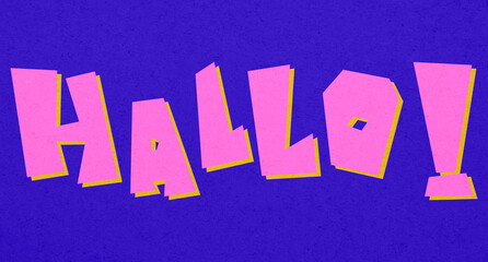 Hallo pink lettering illustration on textured purple background