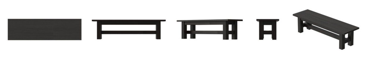 The image showcases a dark wooden bench from multiple perspectives, including a top view and an angled shot, all set against a clean white backdrop.