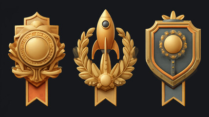 Vector Illustration of Award Medals and Badge Icons in Gold and Silver Modern Style