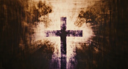 A grainy, blurry photograph of an old black and white cross with light purple lines in the middle of it. The background is dark brown.
