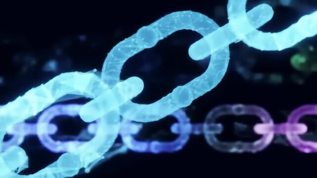 A futuristic visualization of blockchain technology featuring a luminous blue chain, symbolizing secure, interconnected digital transactions and data integrity