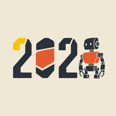 2026 Happy New Year logo text design with robot. Vector Illustration