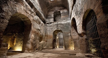 Fototapeta premium Naples Underground. Arch Entry to Labyrinth in Rock Catacombs of Saint Gennaro, Italy