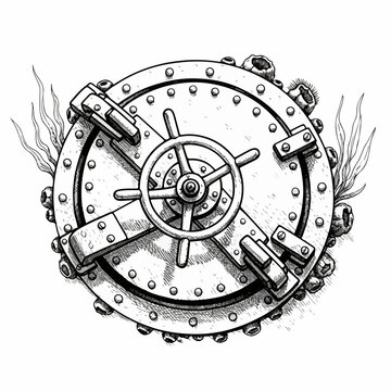 Underwater vault door vector illustration, secure safe mechanism, maritime security concept, industrial design element. for branding, packaging, banner, poster, website header,