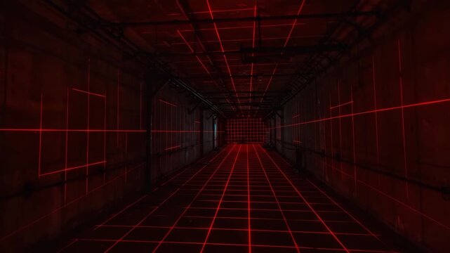 Red laser grid in futuristic corridor with dark walls  