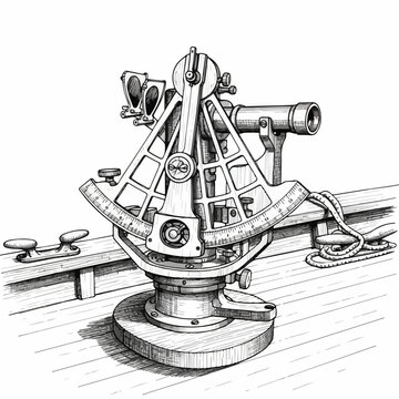 Vintage sextant instrument with telescope on wooden deck, nautical navigation tool in vector style. Sextant for maritime navigation and astronomy. Concept for navigation and exploration.