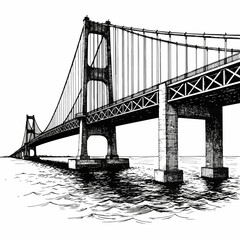 Naklejka premium Modern suspension bridge illustration with intricate steel truss design and water reflection. Architectural vector art showcasing engineering details.