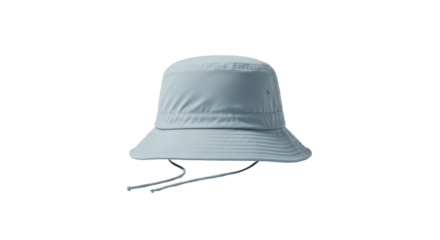 Isolated soft blue bucket hat with chin strap, protecting from the sun and for outdoor sports