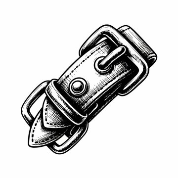 Minimalist belt buckle design with metal loop and decorative stitching. Vintage style belt hardware for fashion accessories. Vector illustration for apparel branding and textile design.