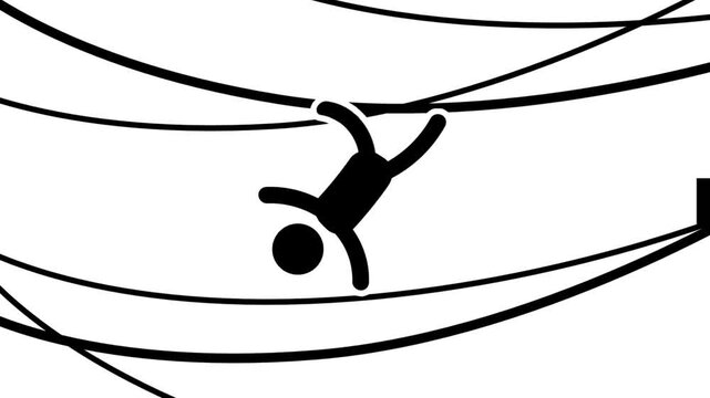 A stick figure falls helplessly through a tangled web of lines, representing entrapment and the struggle to escape unseen forces