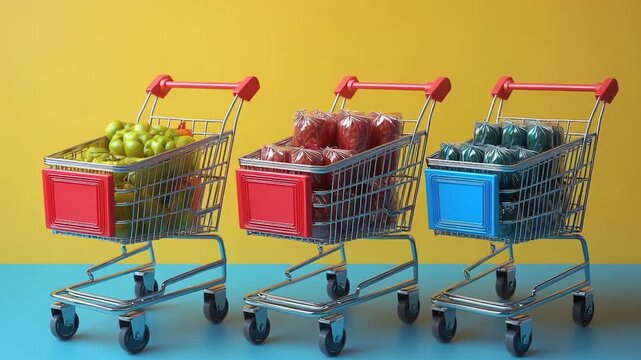 Three shopping carts full of fresh produce